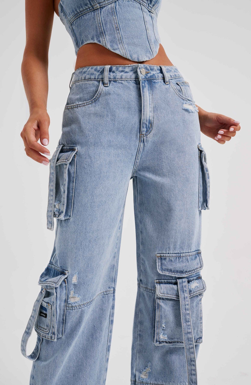 Febe | Dames Denim Corset & Cargobroek Set – Gestructureerde Silhouet en Utilitaire Details