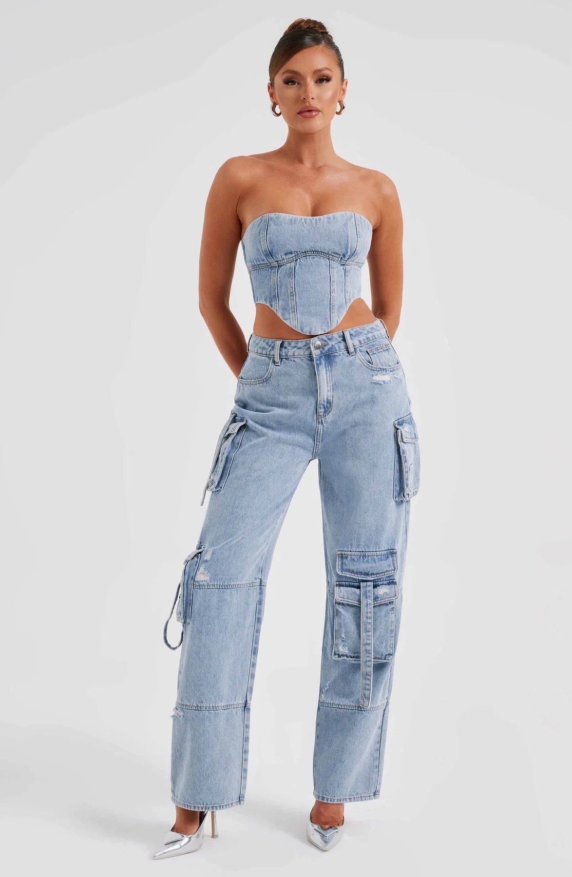 Febe | Dames Denim Corset & Cargobroek Set – Gestructureerde Silhouet en Utilitaire Details