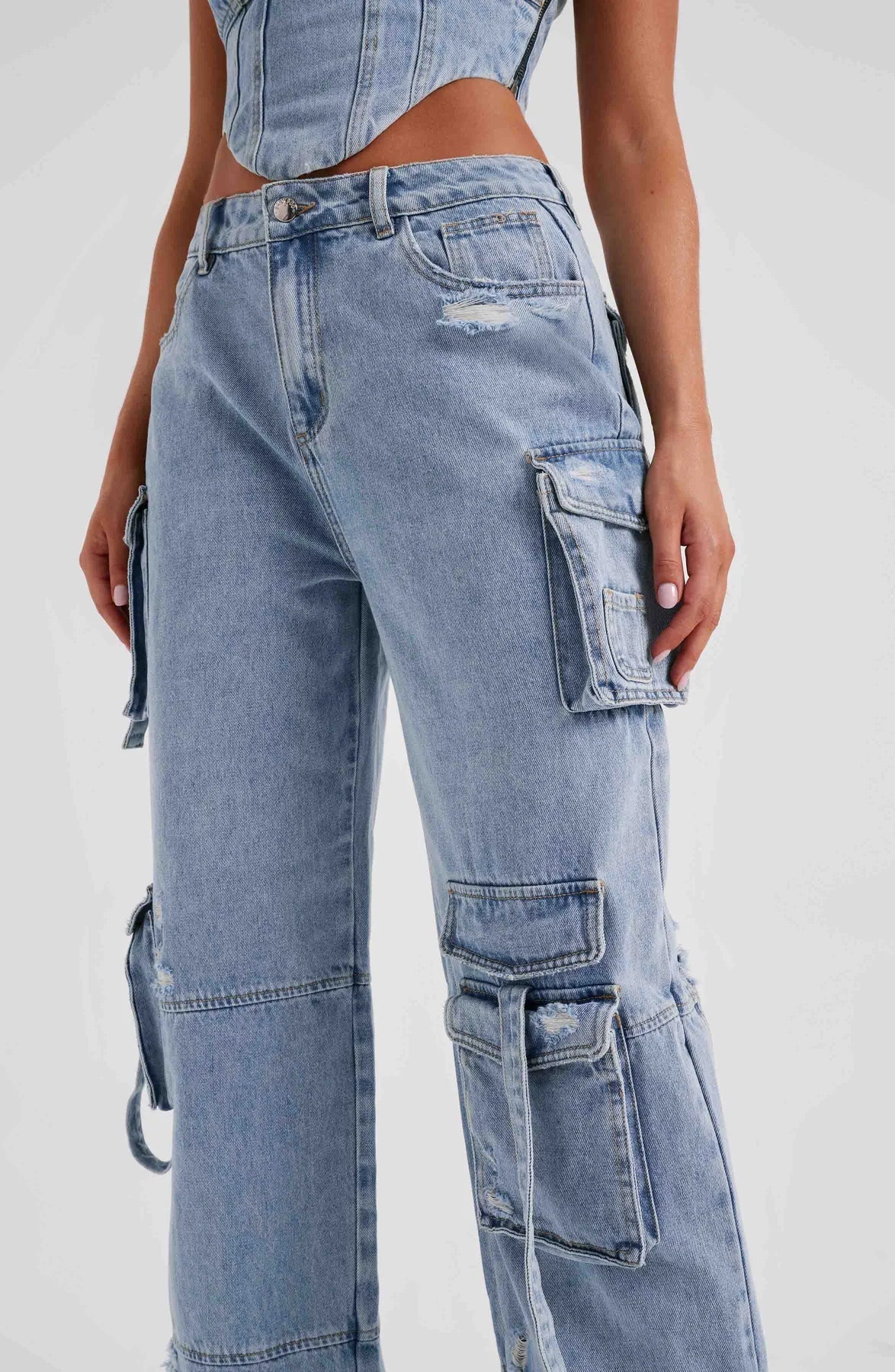 Febe | Dames Denim Corset & Cargobroek Set – Gestructureerde Silhouet en Utilitaire Details