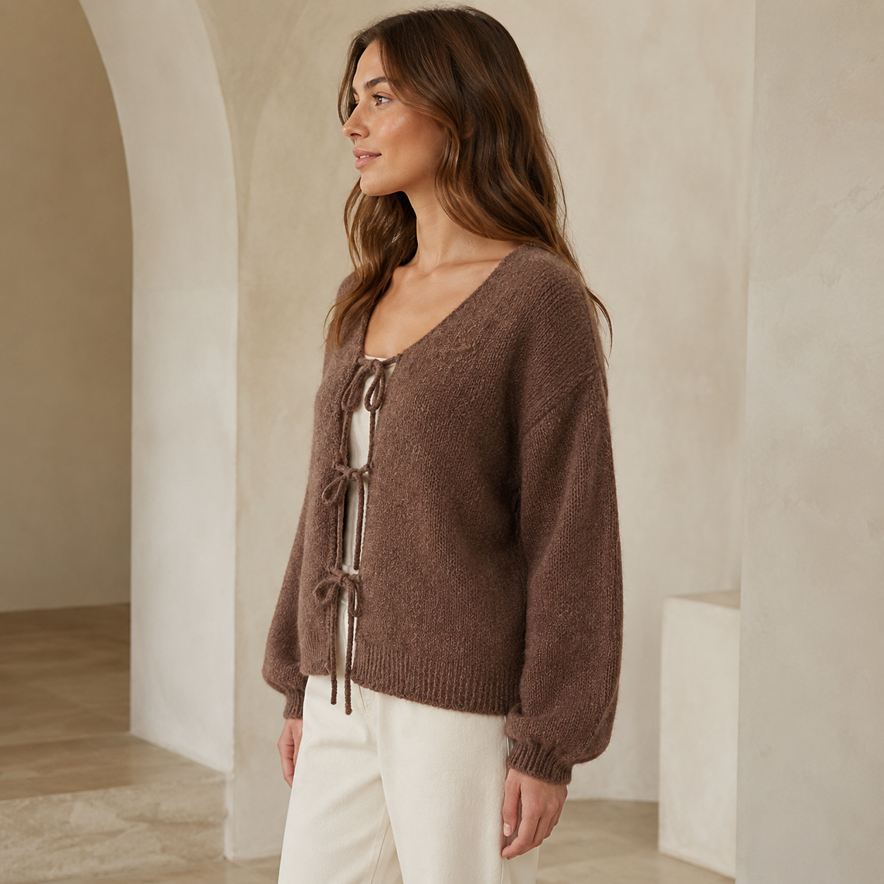 Donna Trui | Dames gebreide trui met strik en romantische lantern mouwen