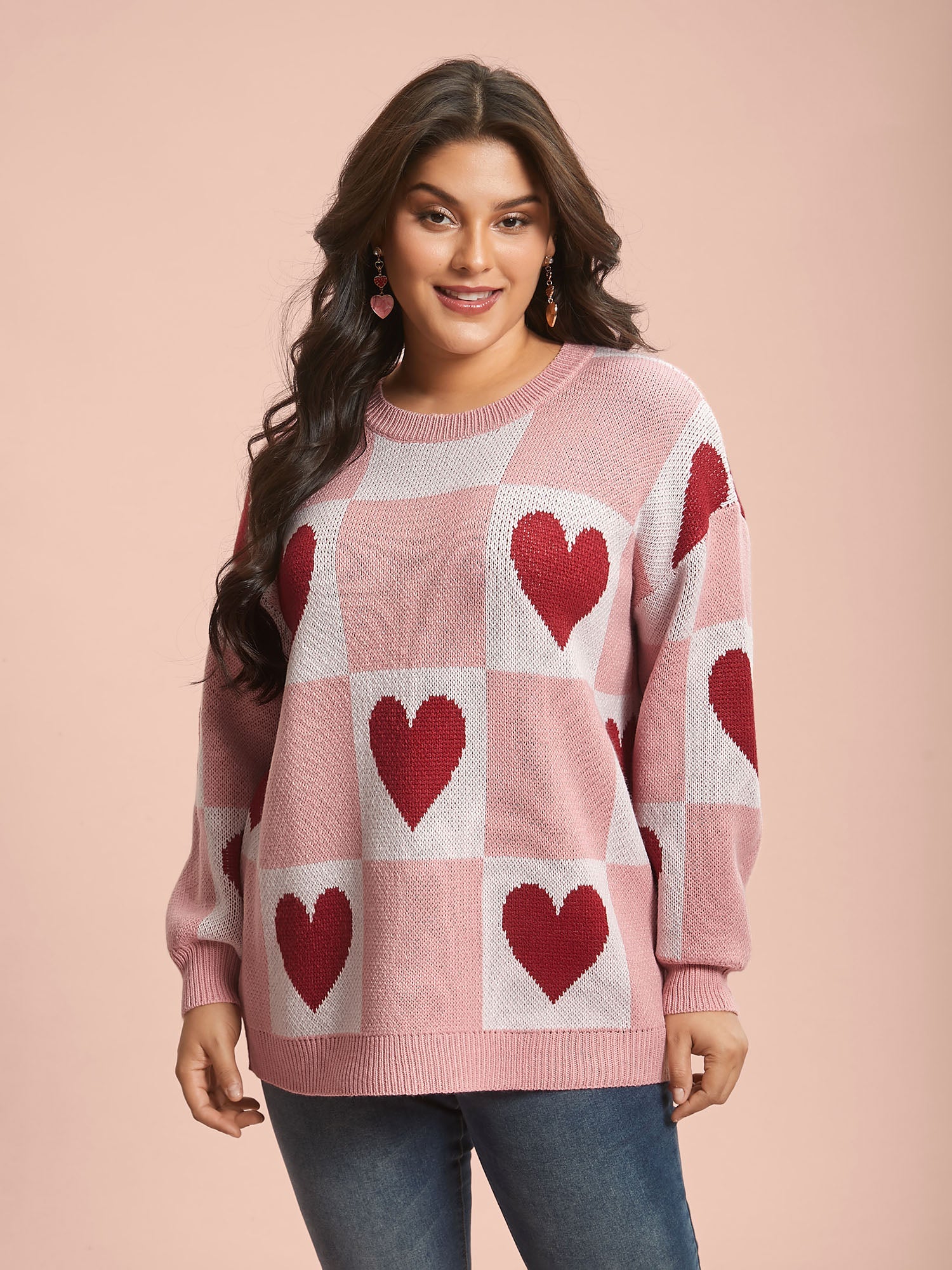 Calyx - Geruite harten jacquard kleurcontrast trui