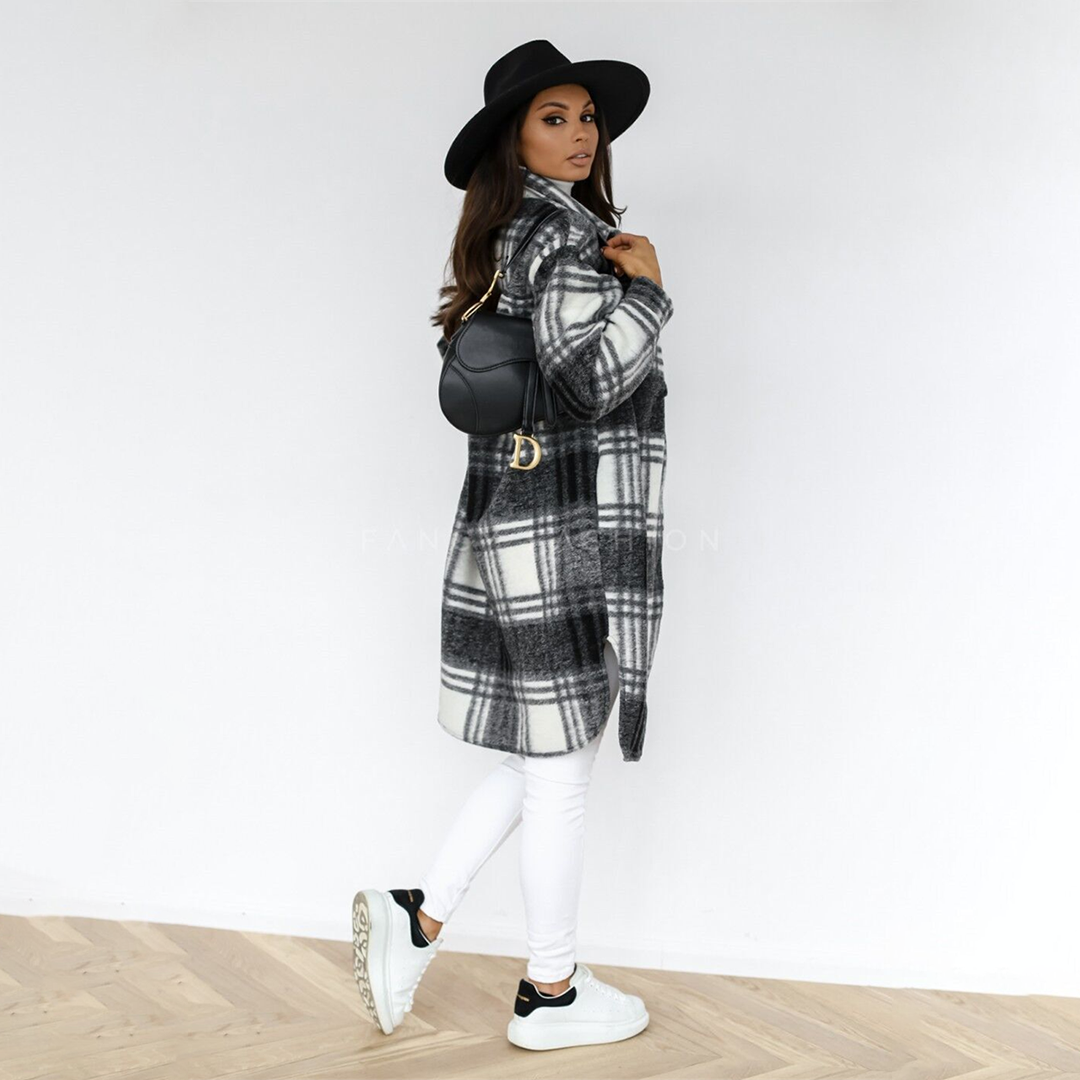 Candy | Dames lange jas met geruite print en elegante pasvorm