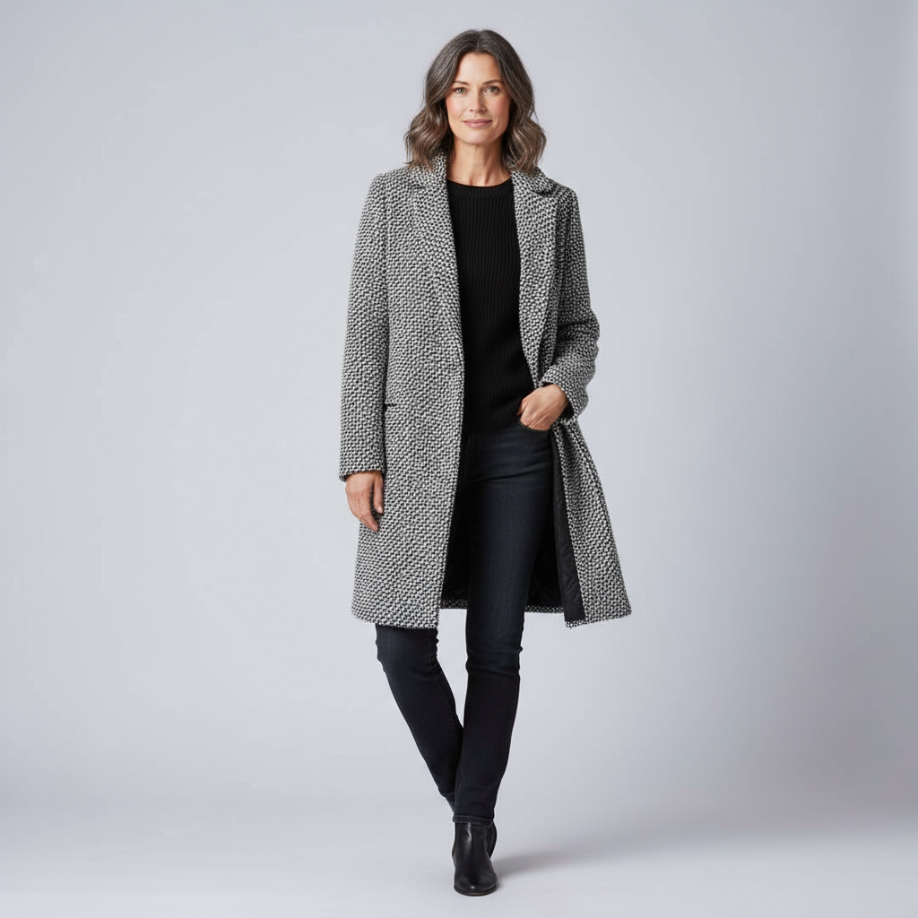 Dames Tijdloze Wolmix Jas – Lange Fit, Zwart, Perfect voor Herfst en Winter