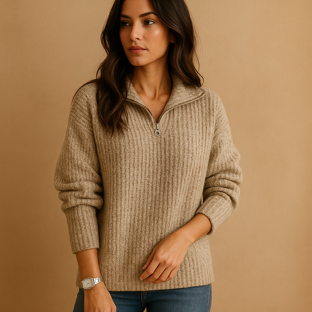 Dames Regular Fit Trui met Halve Rits – Lange Mouw, Casual