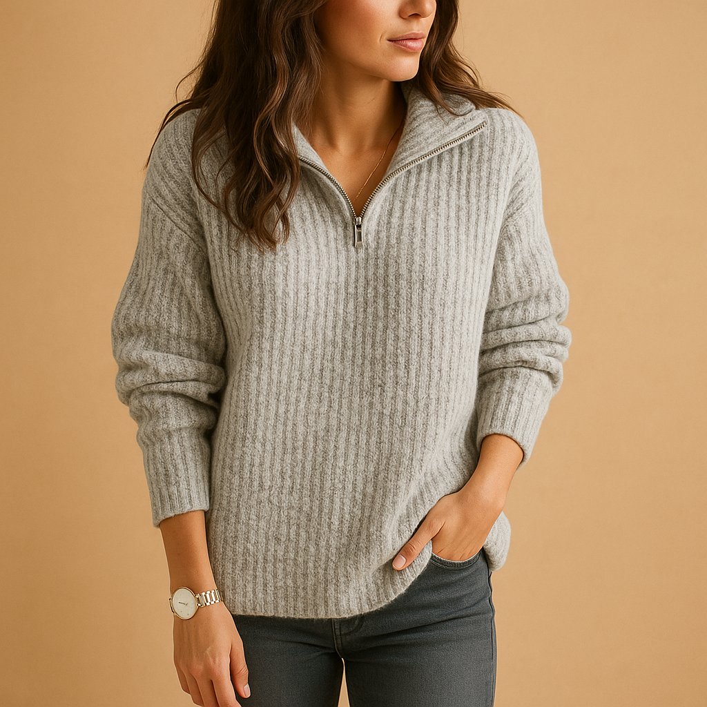 Dames Regular Fit Trui met Halve Rits – Lange Mouw, Casual