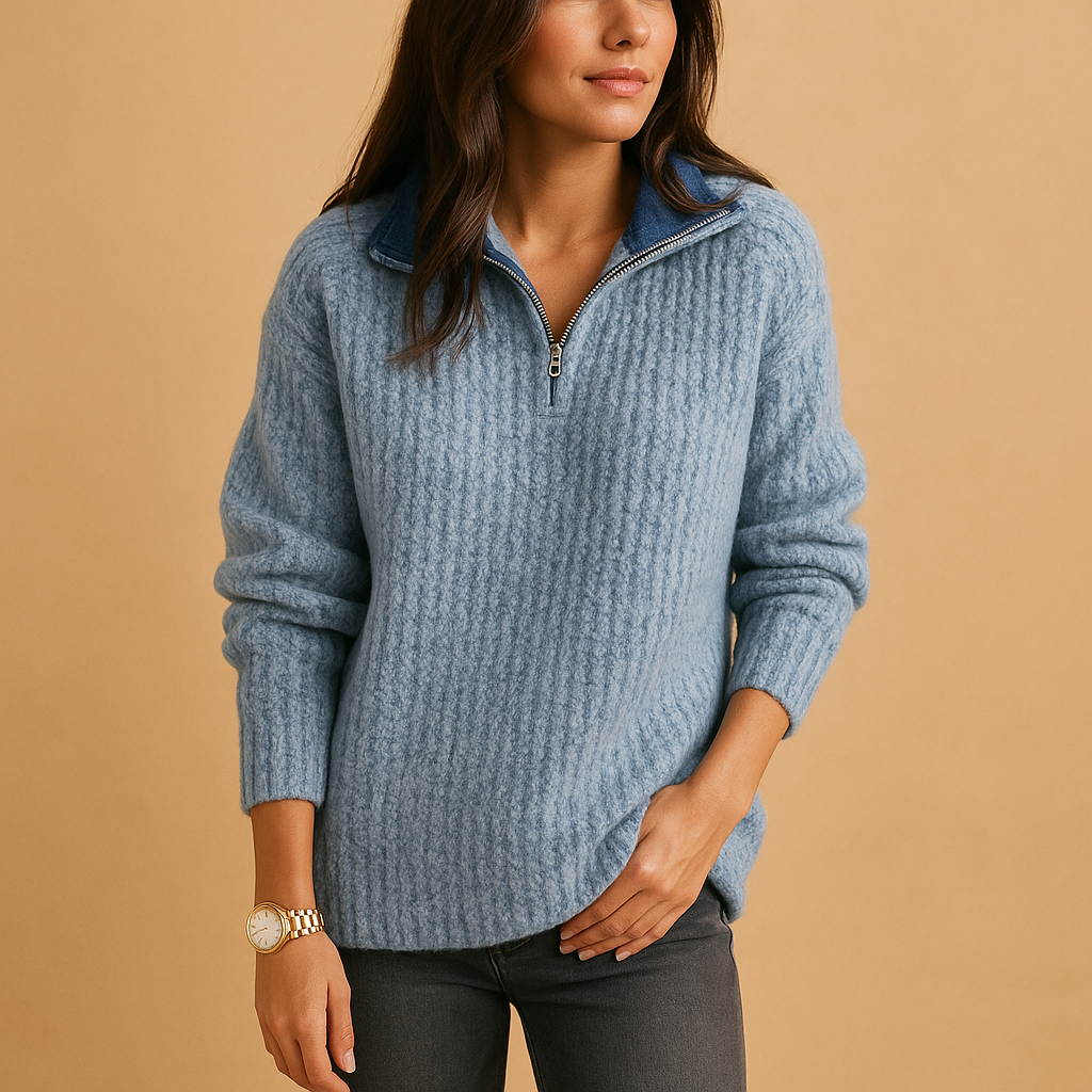 Dames Regular Fit Trui met Halve Rits – Lange Mouw, Casual