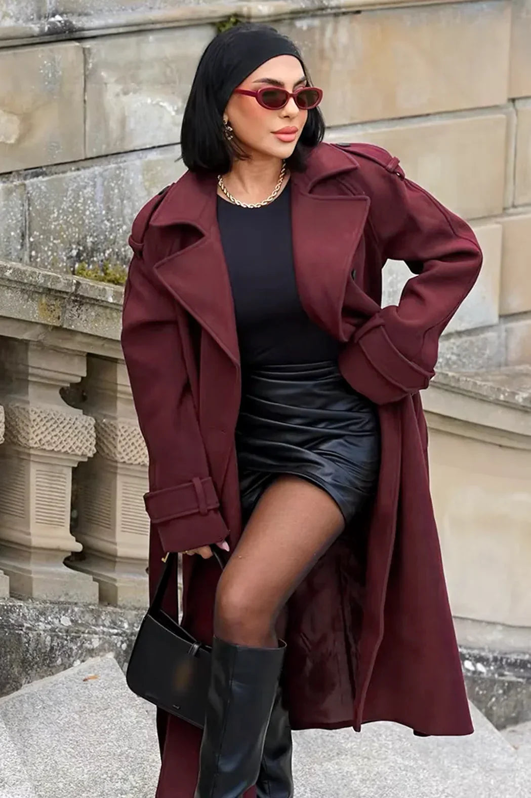 Romee Mantel | Dames burgundy jas met ceintuur en dubbele knopenrij