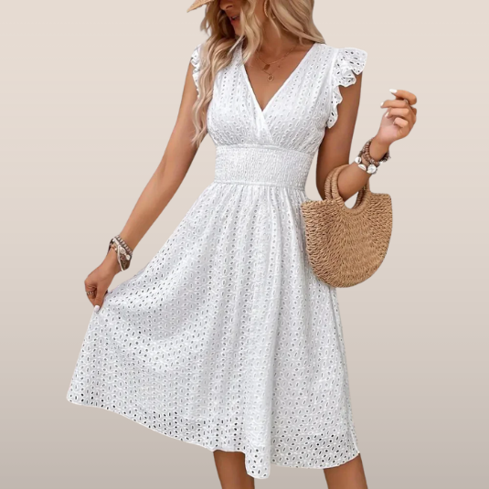 Iva | Dames Jurk – Gesmokte Taille, V-hals, Broderiestof, Knie-Lengte