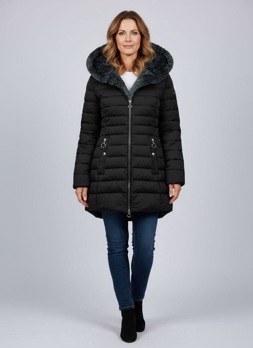 Dames Warme Lange Jas – Zwart, Gewatteerd, Ideaal voor Koude Seizoenen en Casual Outfits