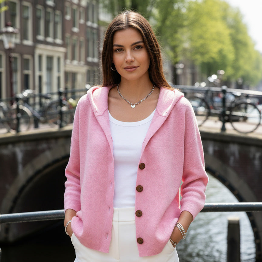 Dames Gebreide Hoodie met Bloemenprint – Zacht Katoen, Casual Sweatshirt voor Herfst en Winter