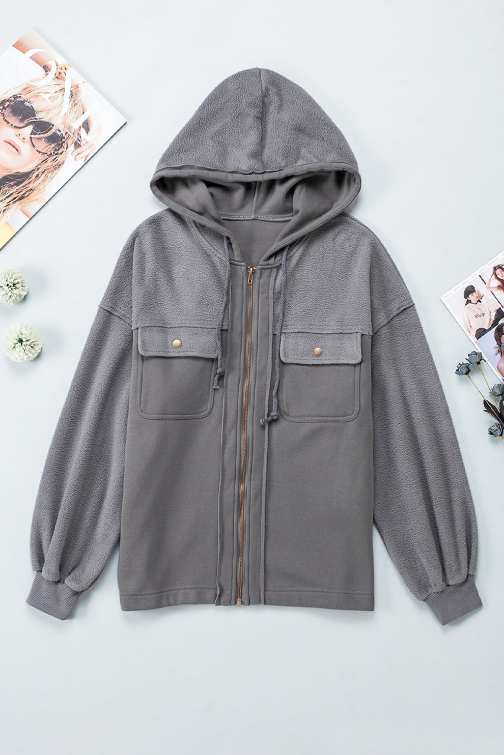 Eava jas dames | Grijze trekkoord jas met capuchon en praktische details