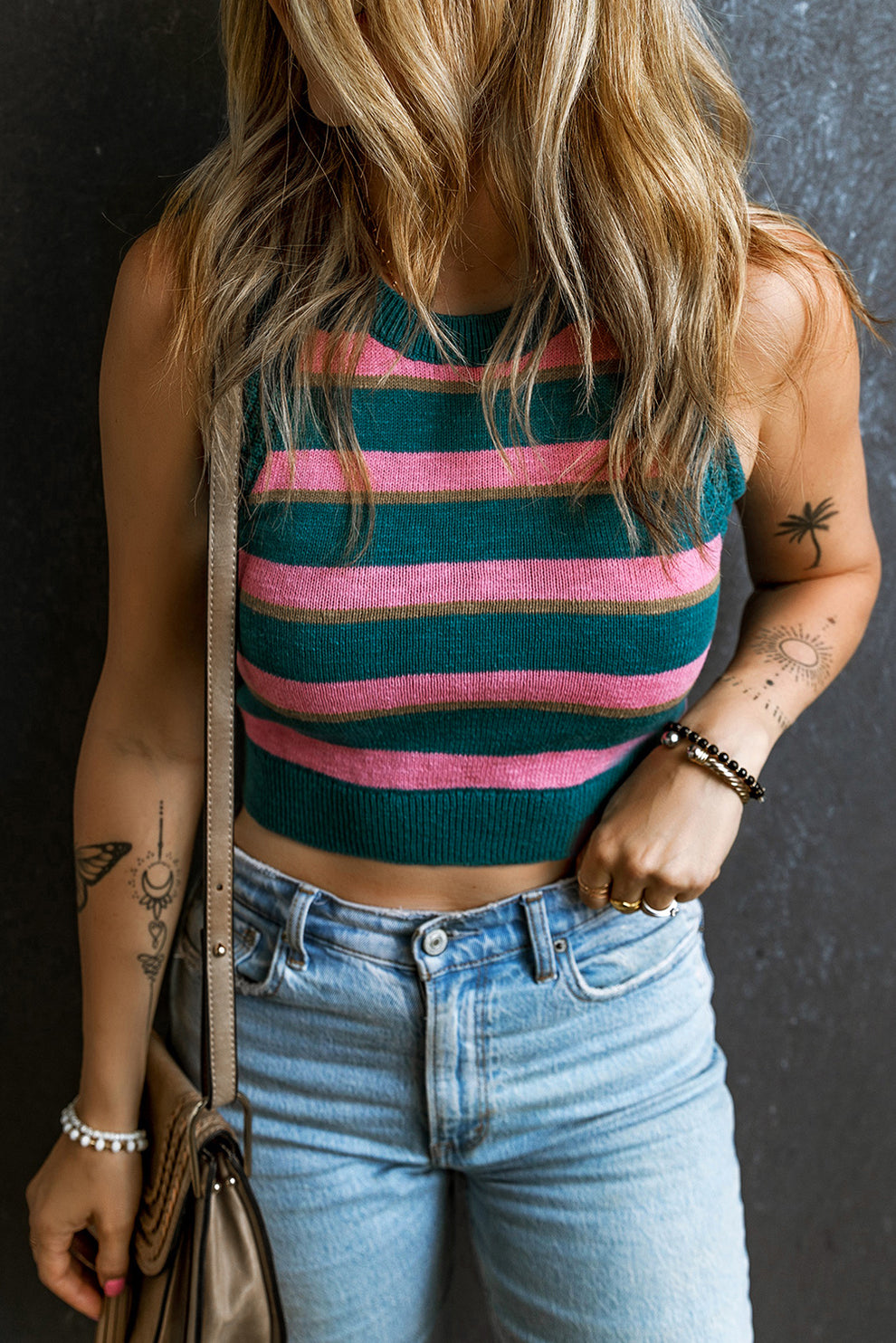 Eglantine - Roze Gestreepte Mouwloze Gebreide Top