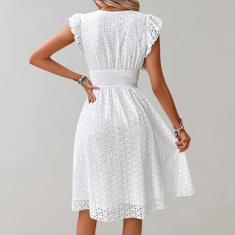 Iva | Dames Jurk – Gesmokte Taille, V-hals, Broderiestof, Knie-Lengte