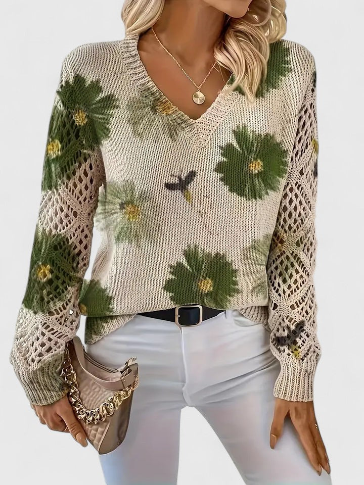Trui Dames | Luchtige Gebreide Trui met Bloemenprint