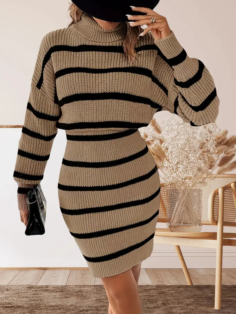 Esther Gestreepte Midijurk | Dames midijurk met turtleneck en verlaagde schouders in tijdloos design