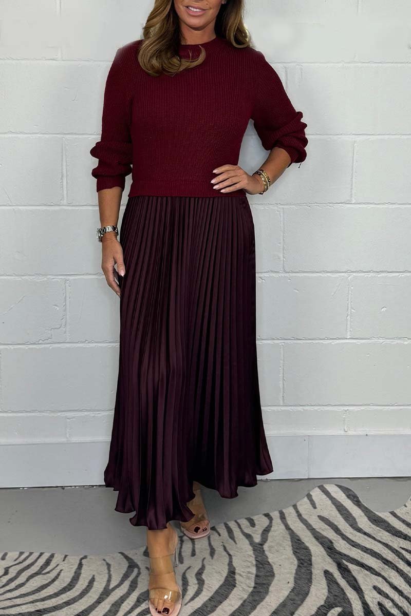 Fable | Dames midi herfst jurk met gebreide top en geplooide rok