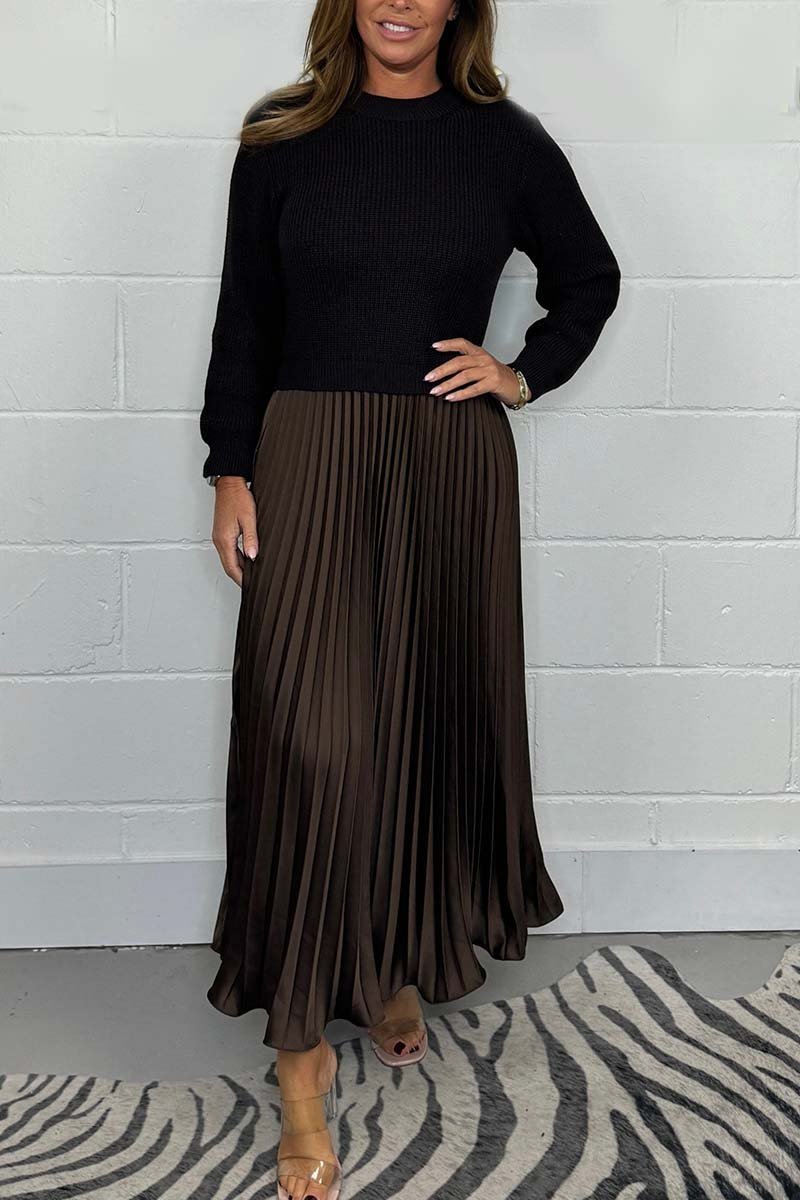 Fable | Dames midi herfst jurk met gebreide top en geplooide rok