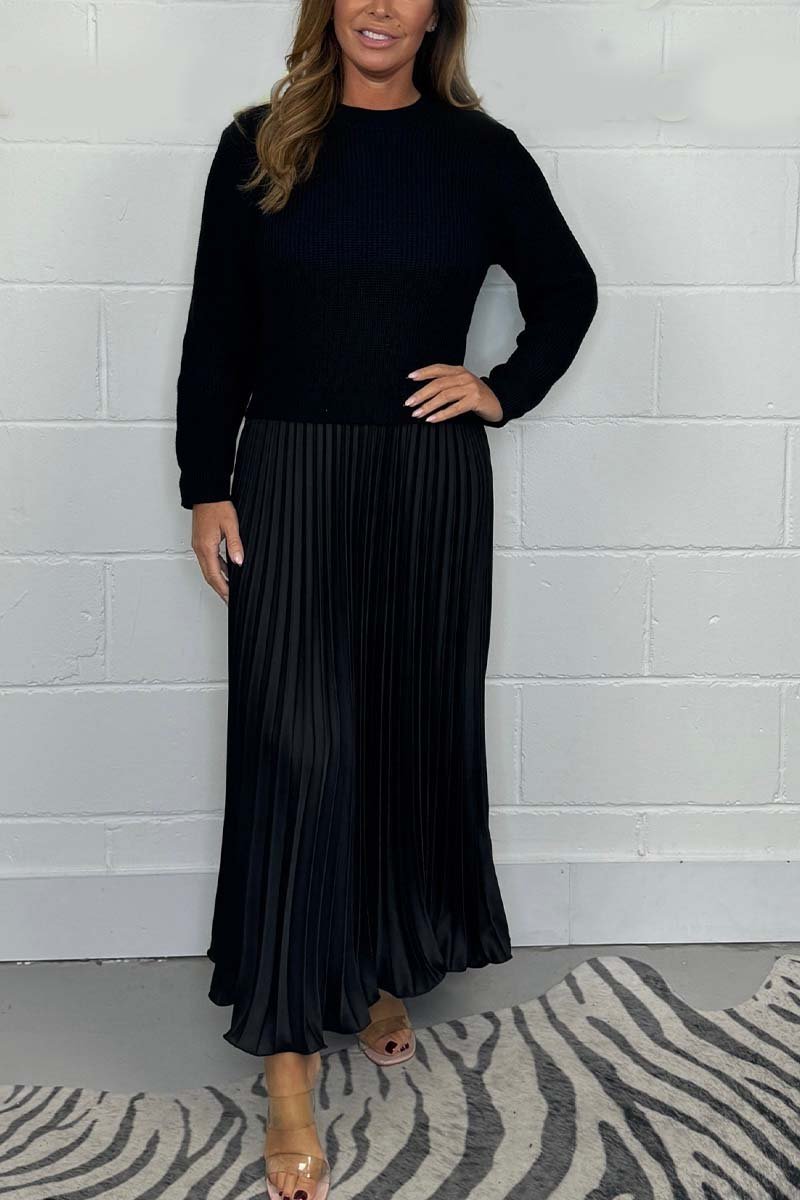 Fable | Dames midi herfst jurk met gebreide top en geplooide rok