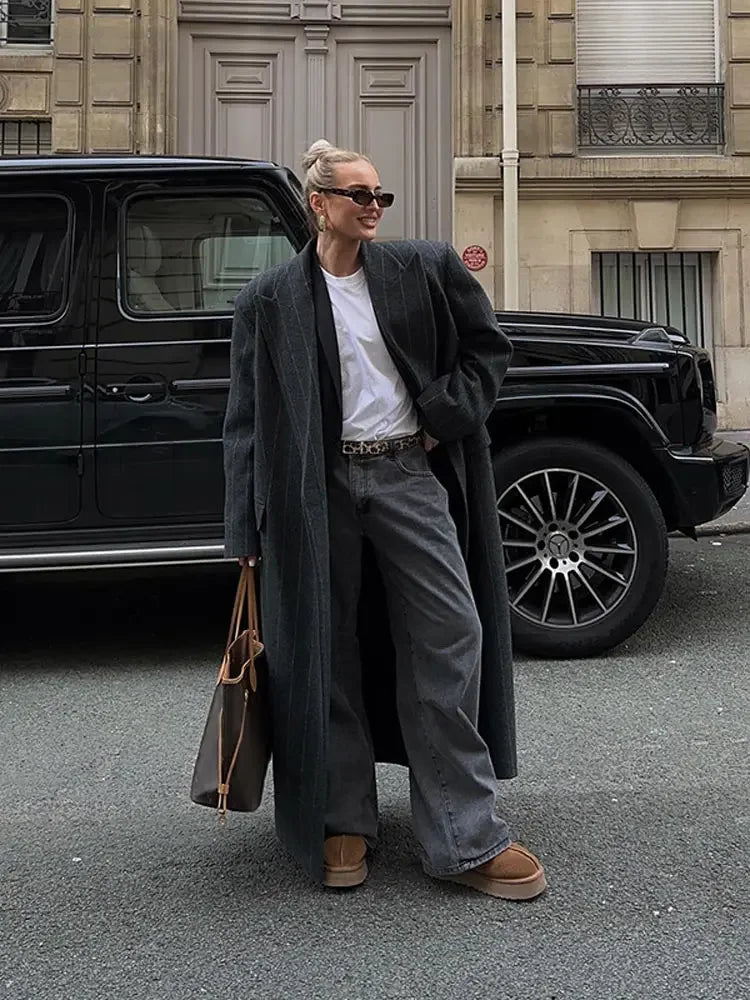 Gestreepte Trenchcoat | Dames lange jas van wolblend met elegante pasvorm