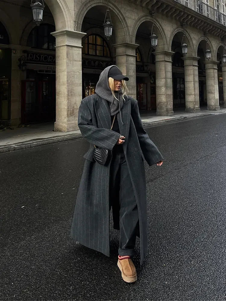 Gestreepte Trenchcoat | Dames lange jas van wolblend met elegante pasvorm