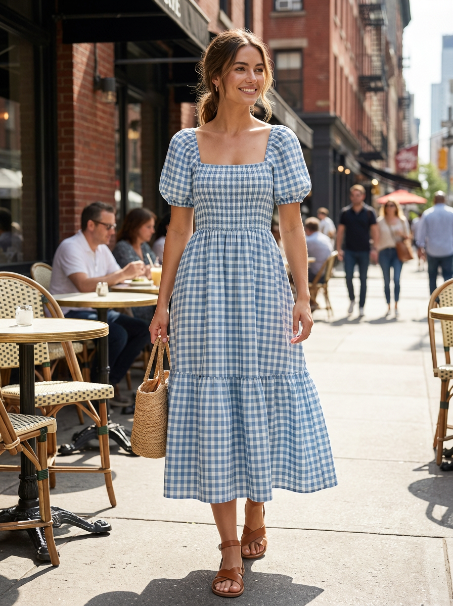 Dames Midi Jurk – Met Pofmouwen, Geschikt voor Zomer en Casual Gebruik