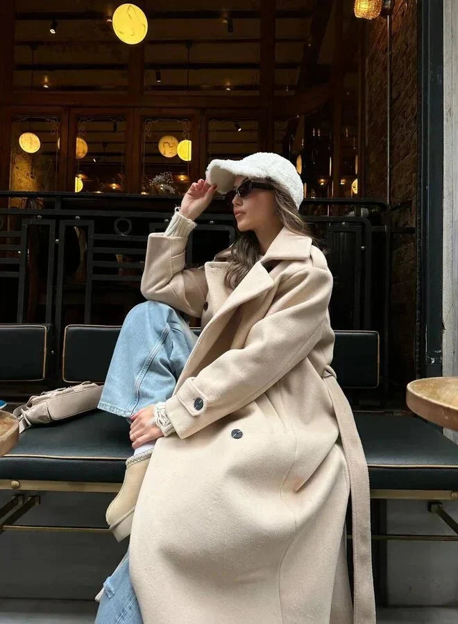 Dames Lange Double-Breasted Coat met Brede Reverskraag