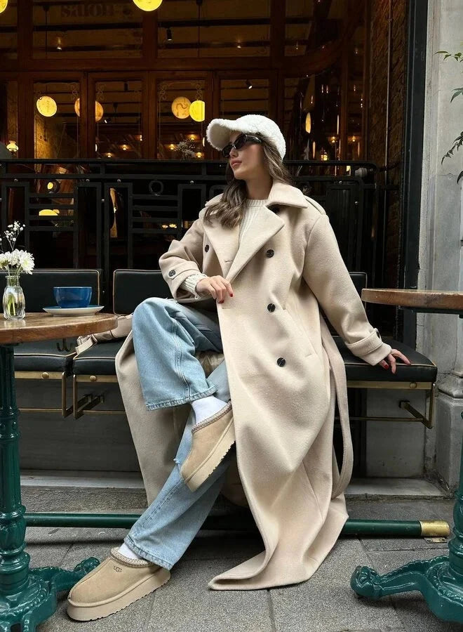 Dames Lange Double-Breasted Coat met Brede Reverskraag