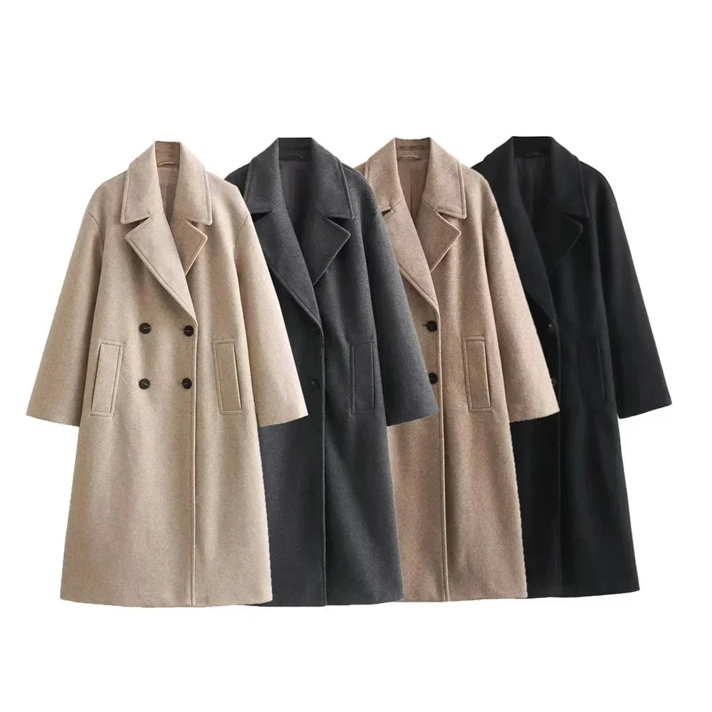 Dames Lange Double-Breasted Coat met Brede Reverskraag