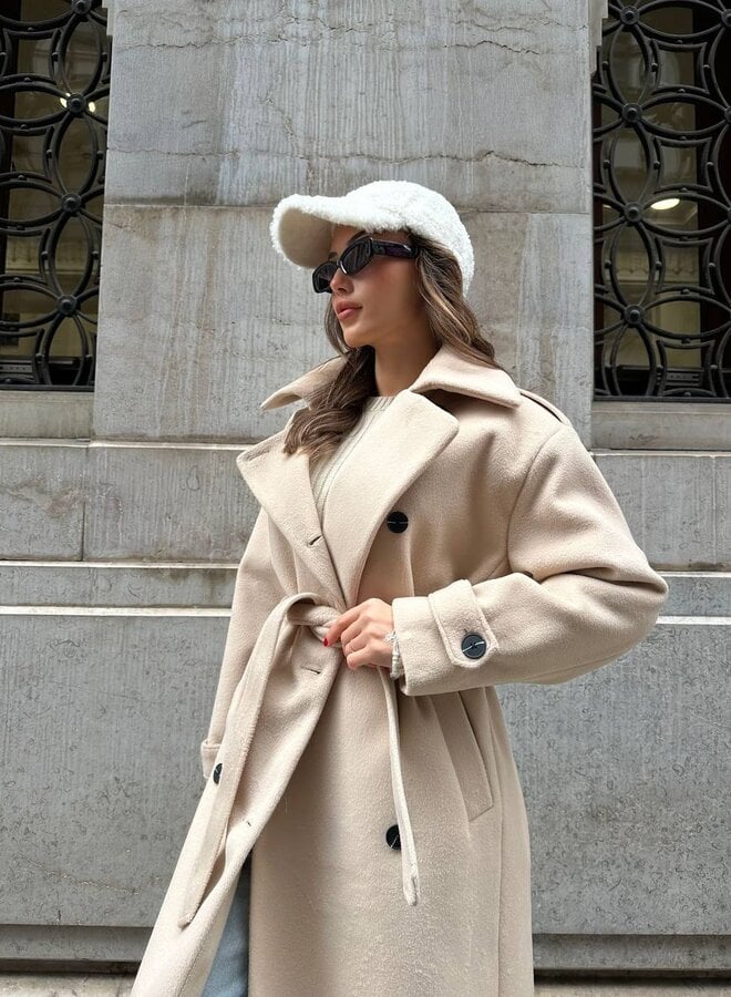 Dames Lange Double-Breasted Coat met Brede Reverskraag