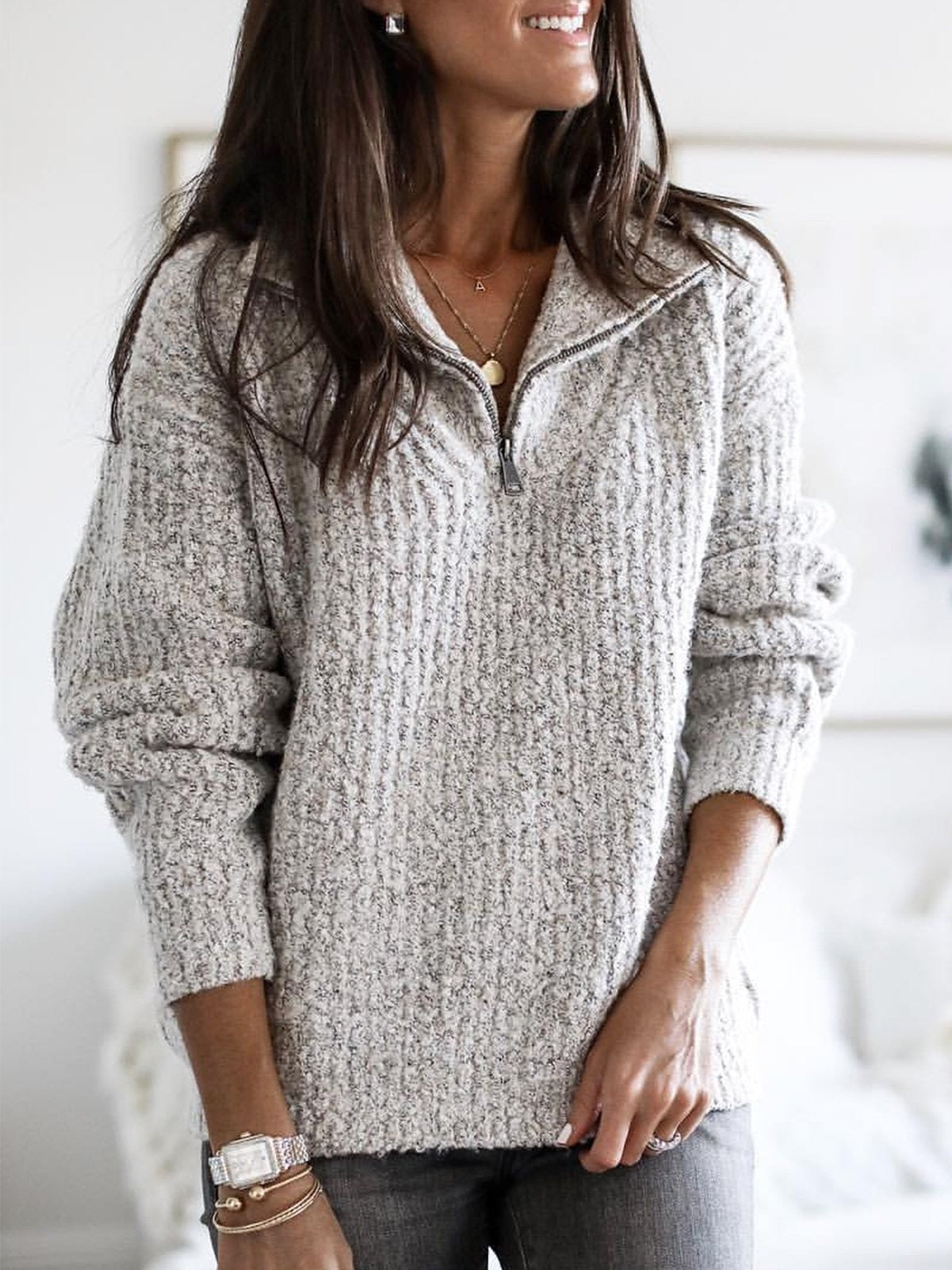 Dames Regular Fit Trui met Halve Rits – Lange Mouw, Casual