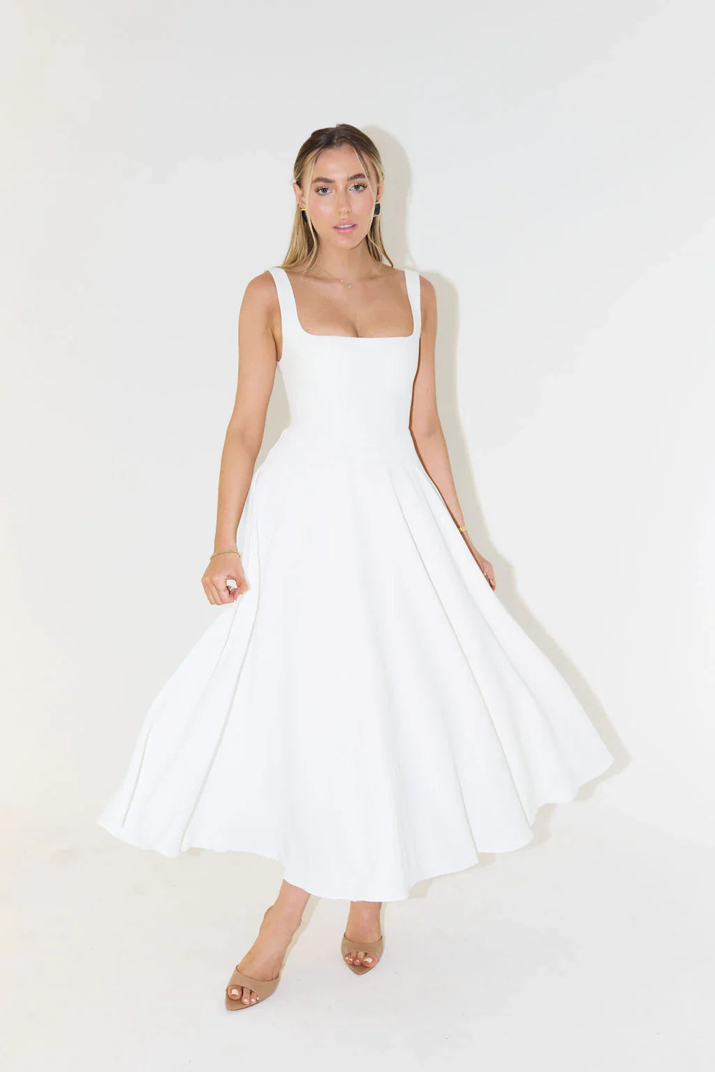 Ivette - Midi Jurk Met Hoge Taille En Vierkante Hals