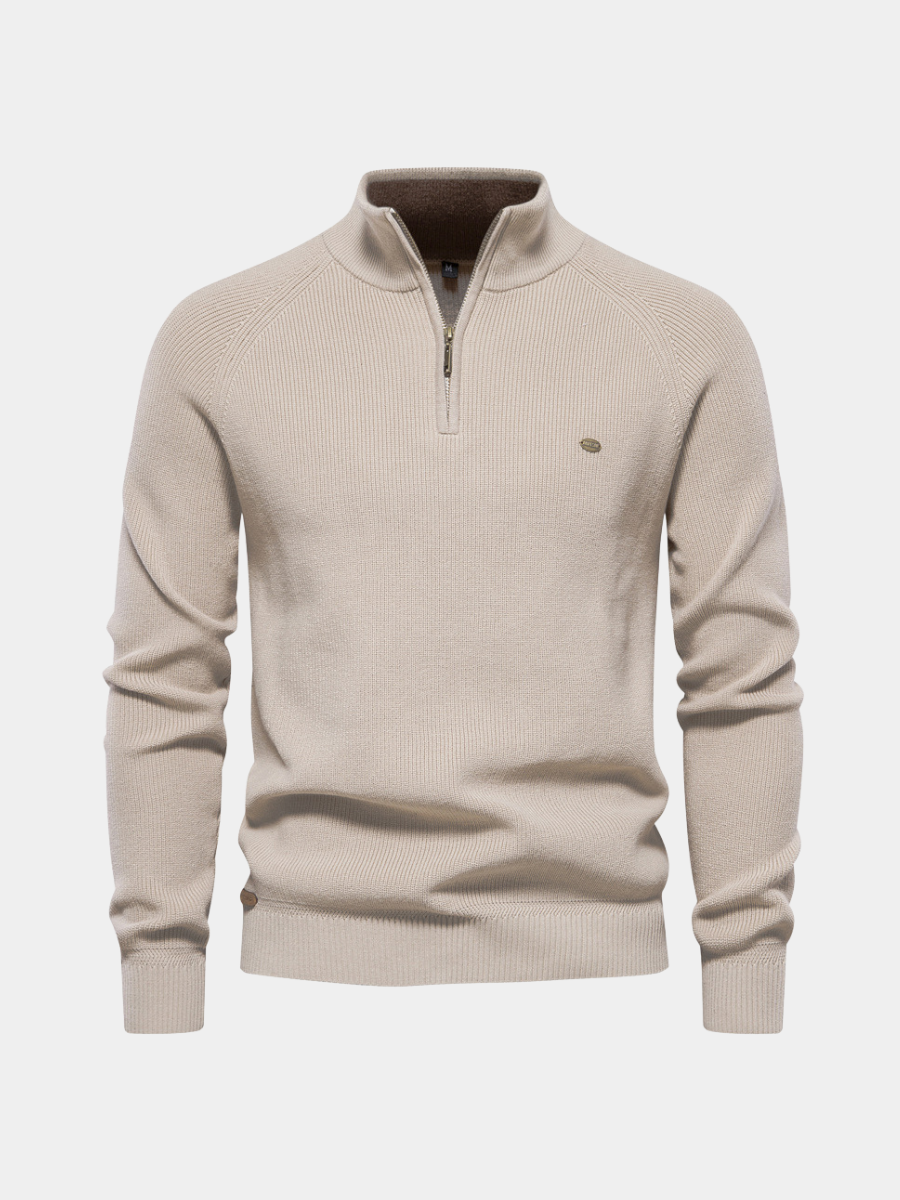 Julian geribbelde half-zip trui in beige, vooraanzicht