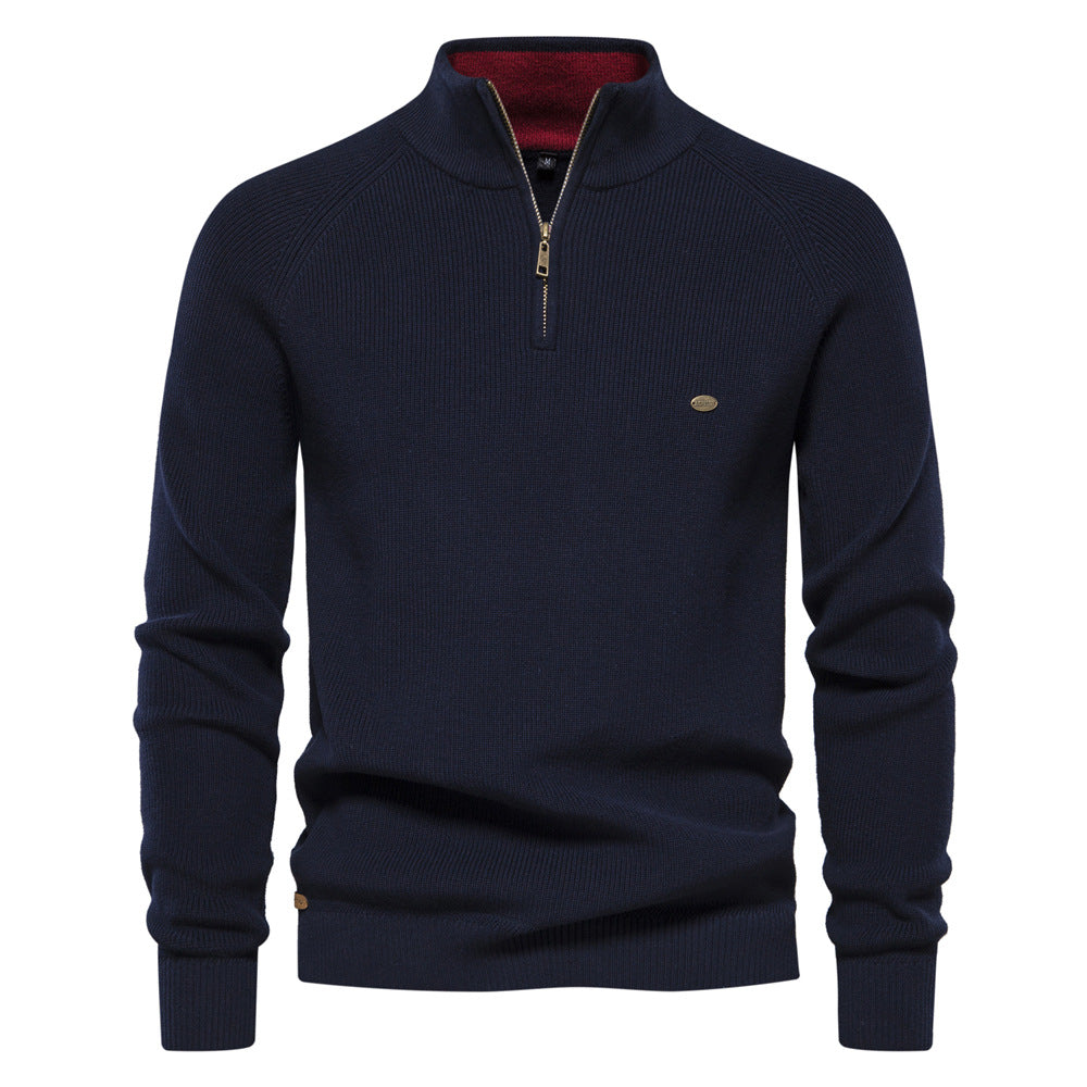 Julian geribbelde half-zip trui in marineblauw, vooraanzicht