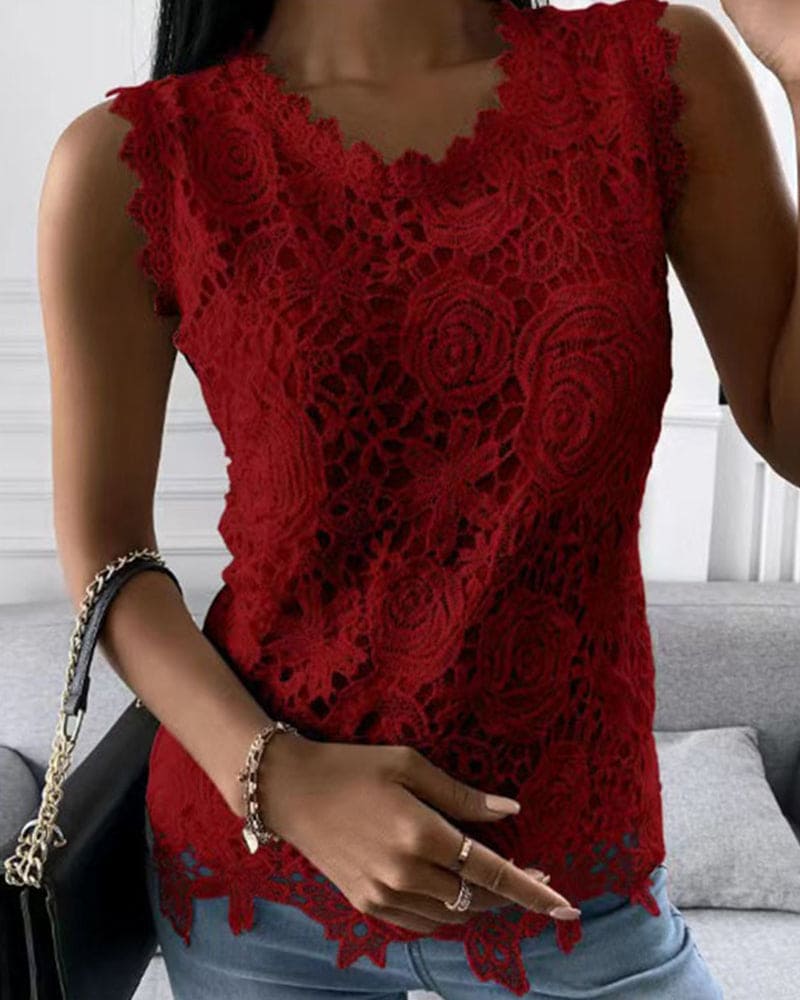 Damesblouse – Elegante Kantlook Blouse met Ronde Hals en Luchtige Pasvorm - JULIE