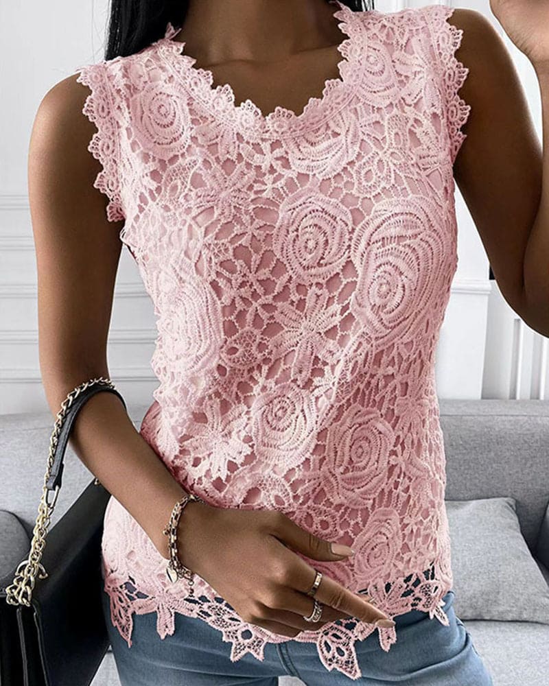 Damesblouse – Elegante Kantlook Blouse met Ronde Hals en Luchtige Pasvorm - JULIE