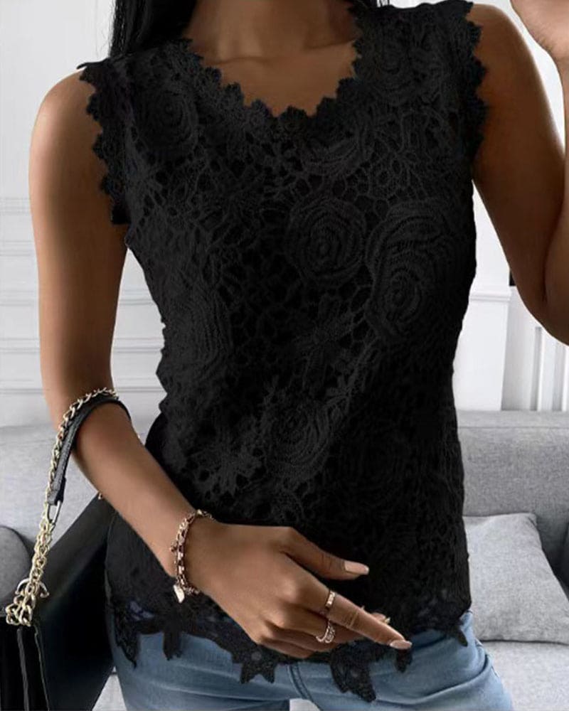Damesblouse – Elegante Kantlook Blouse met Ronde Hals en Luchtige Pasvorm - JULIE