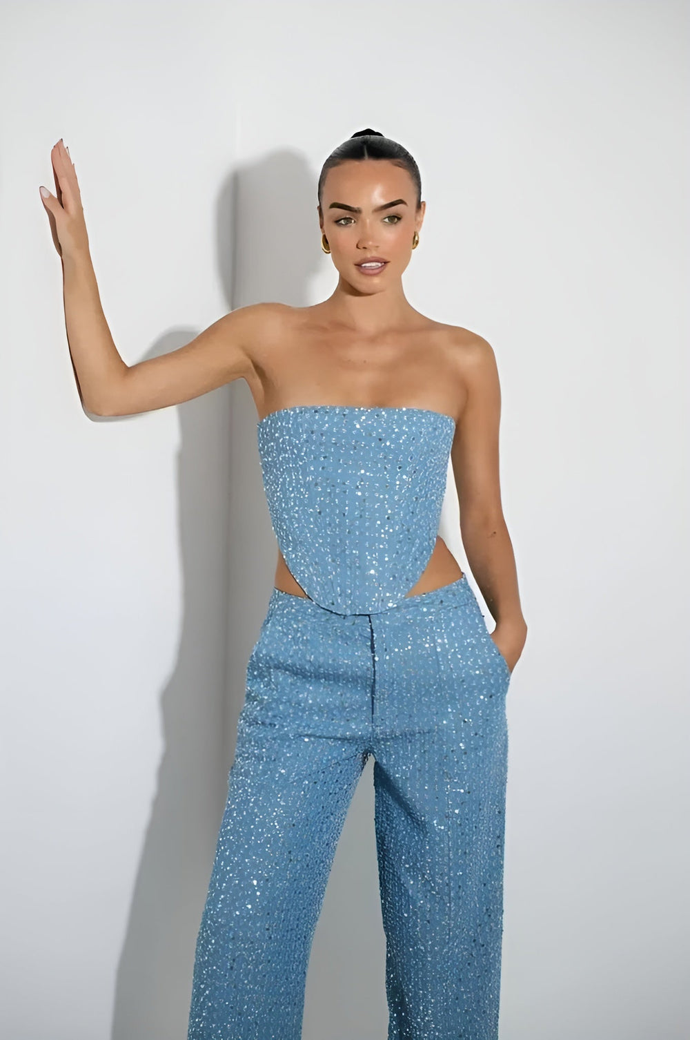 Juzelle Glitter Set voor dames | Denim co-ord met glitters en elegante pasvorm