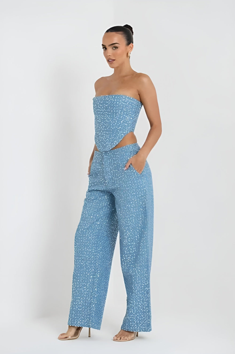 Juzelle Glitter Set voor dames | Denim co-ord met glitters en elegante pasvorm