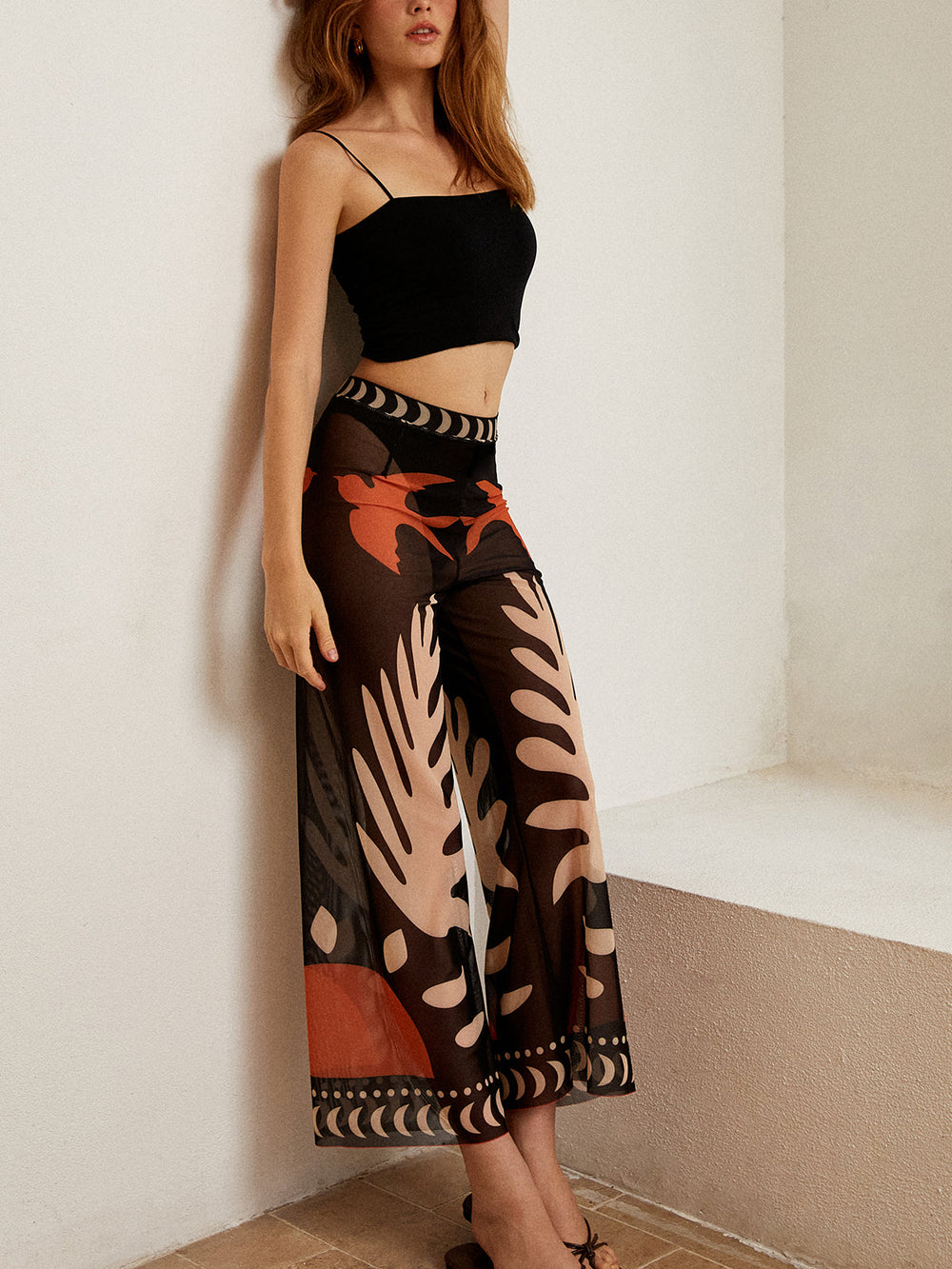 Karina - Vogelprint Transparante Mesh Broek