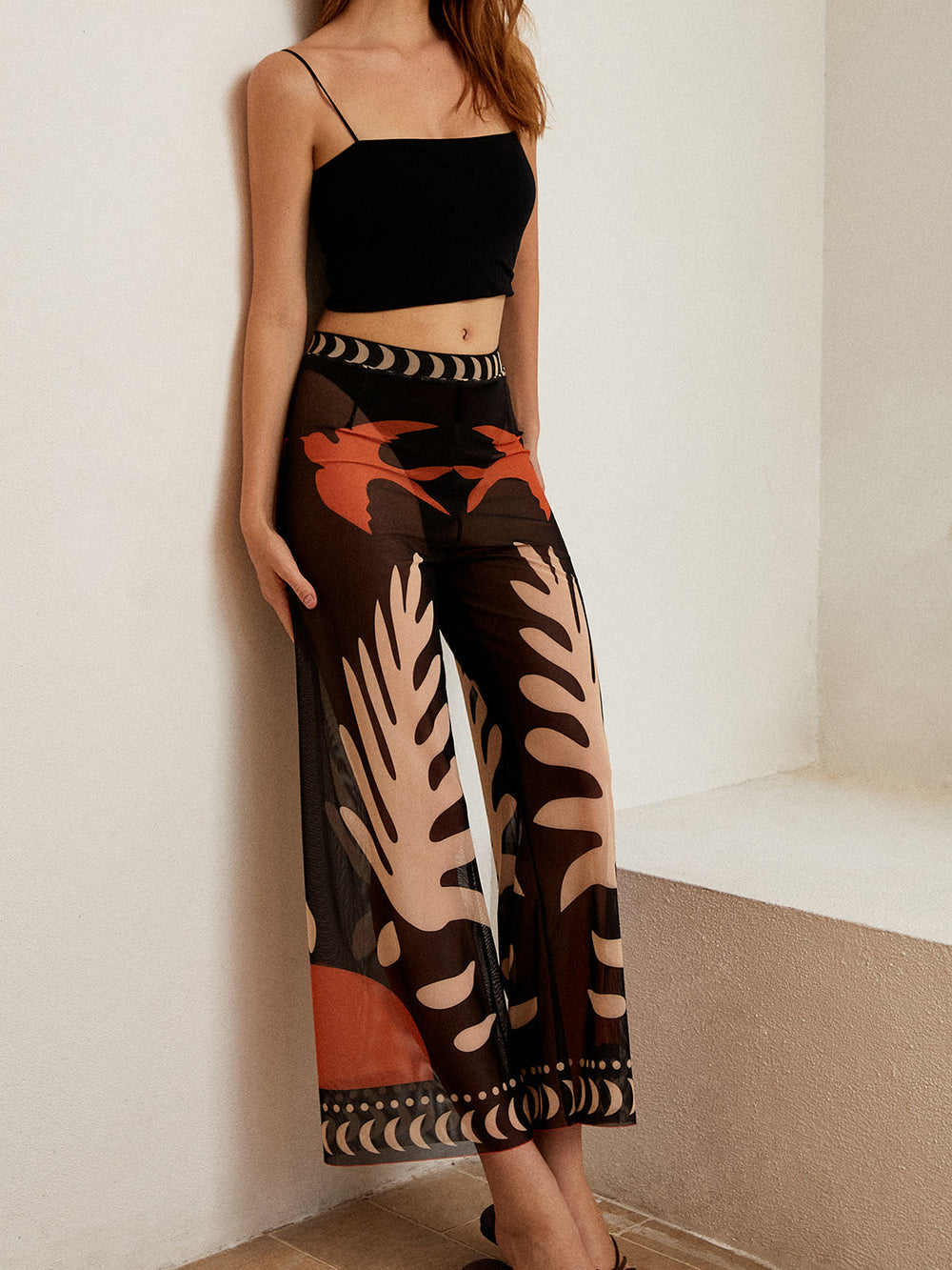 Karina - Vogelprint Transparante Mesh Broek