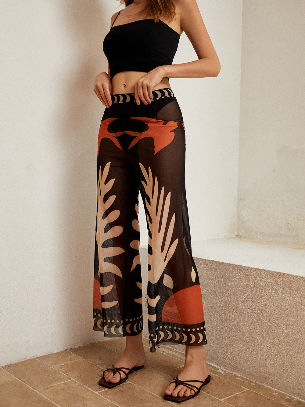 Karina - Vogelprint Transparante Mesh Broek