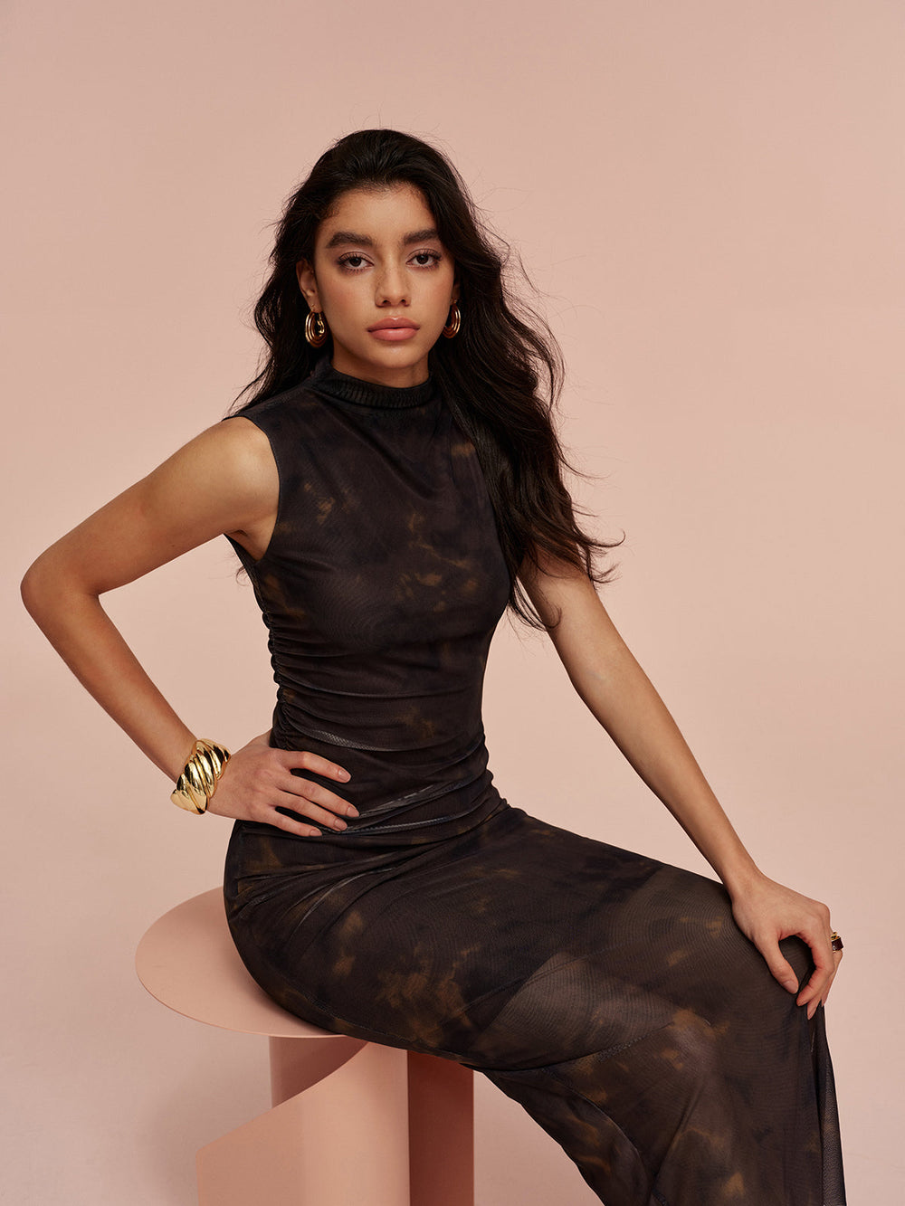 Kasani - Jersey Gevoerde Mouwloze Mesh Jurk