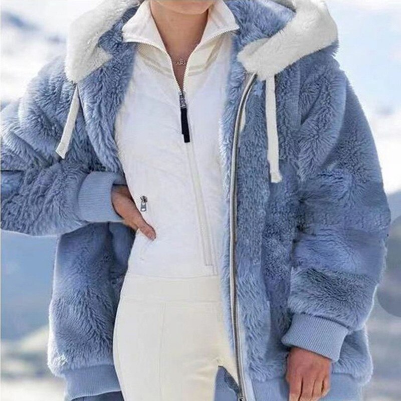 Leslie hoodie jas dames | Warme pluche jas met rits en kap voor herfst en winter
