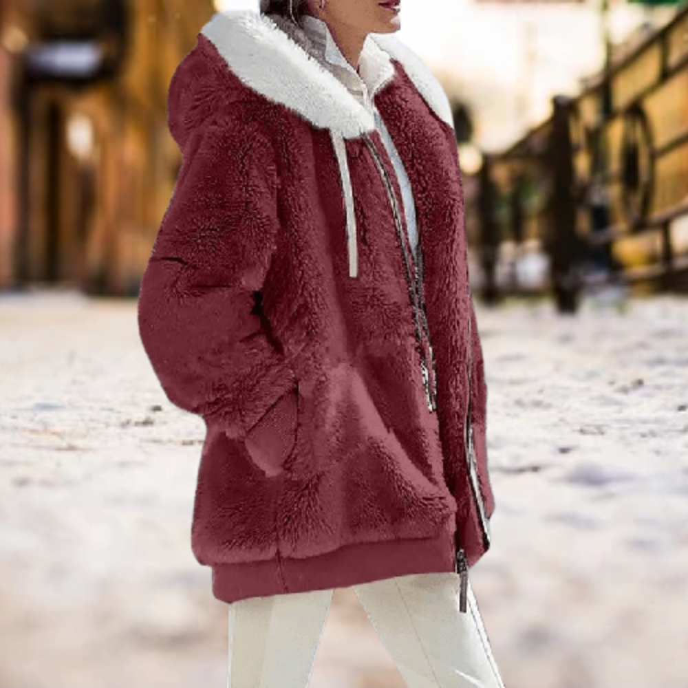 Leslie hoodie jas dames | Warme pluche jas met rits en kap voor herfst en winter