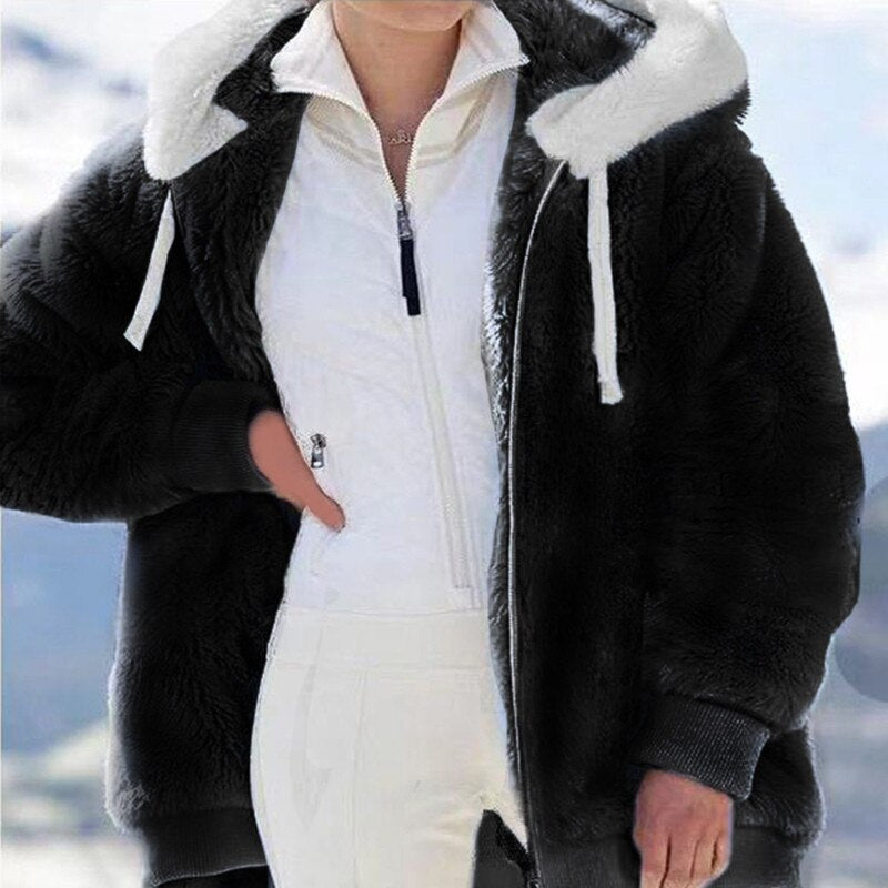 Leslie hoodie jas dames | Warme pluche jas met rits en kap voor herfst en winter