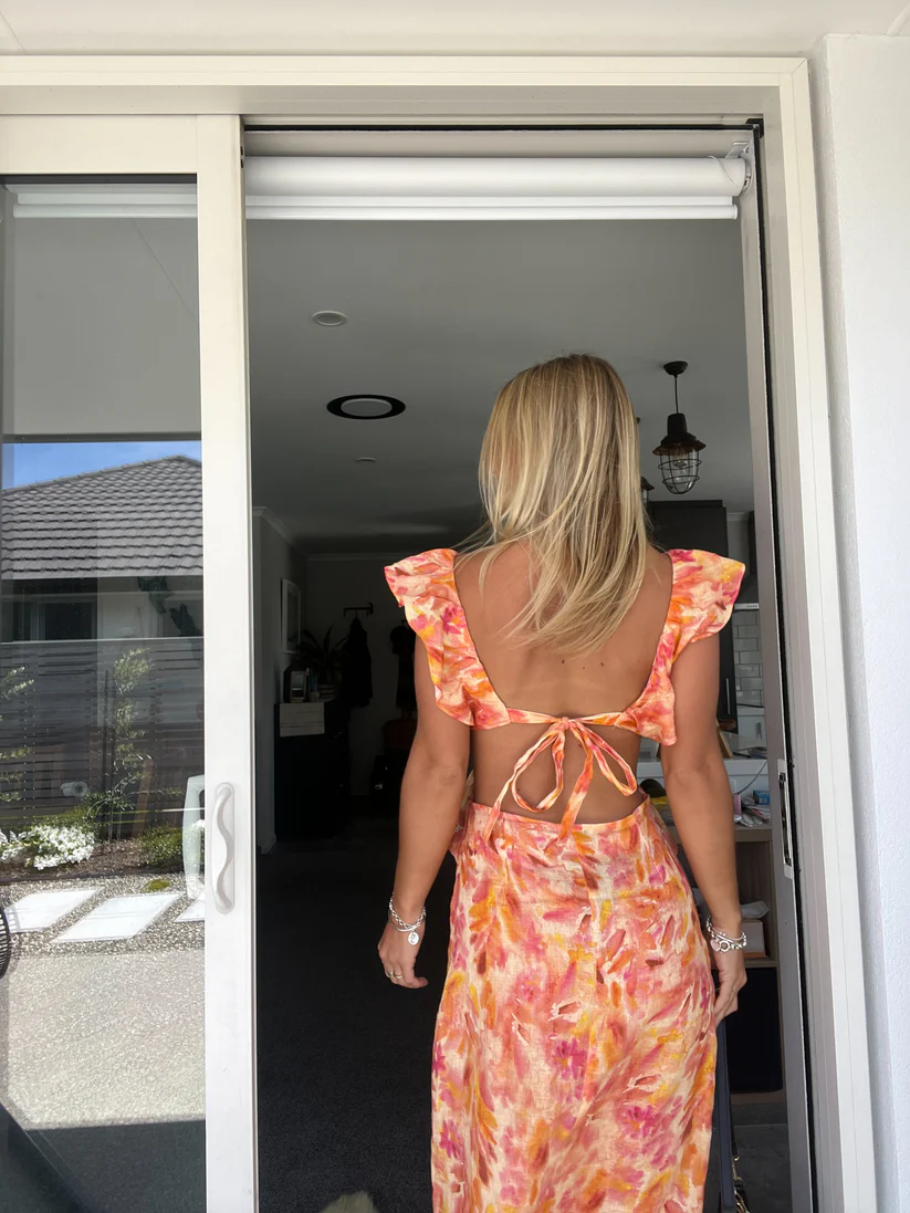 Zomerjurk Dames – Oranje Cut-Out Stijljurk met Patronen voor Zomerse Gelegenheden