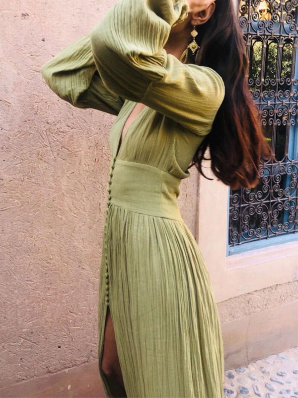 Franse retro V-hals jurk met tailleplooien en split