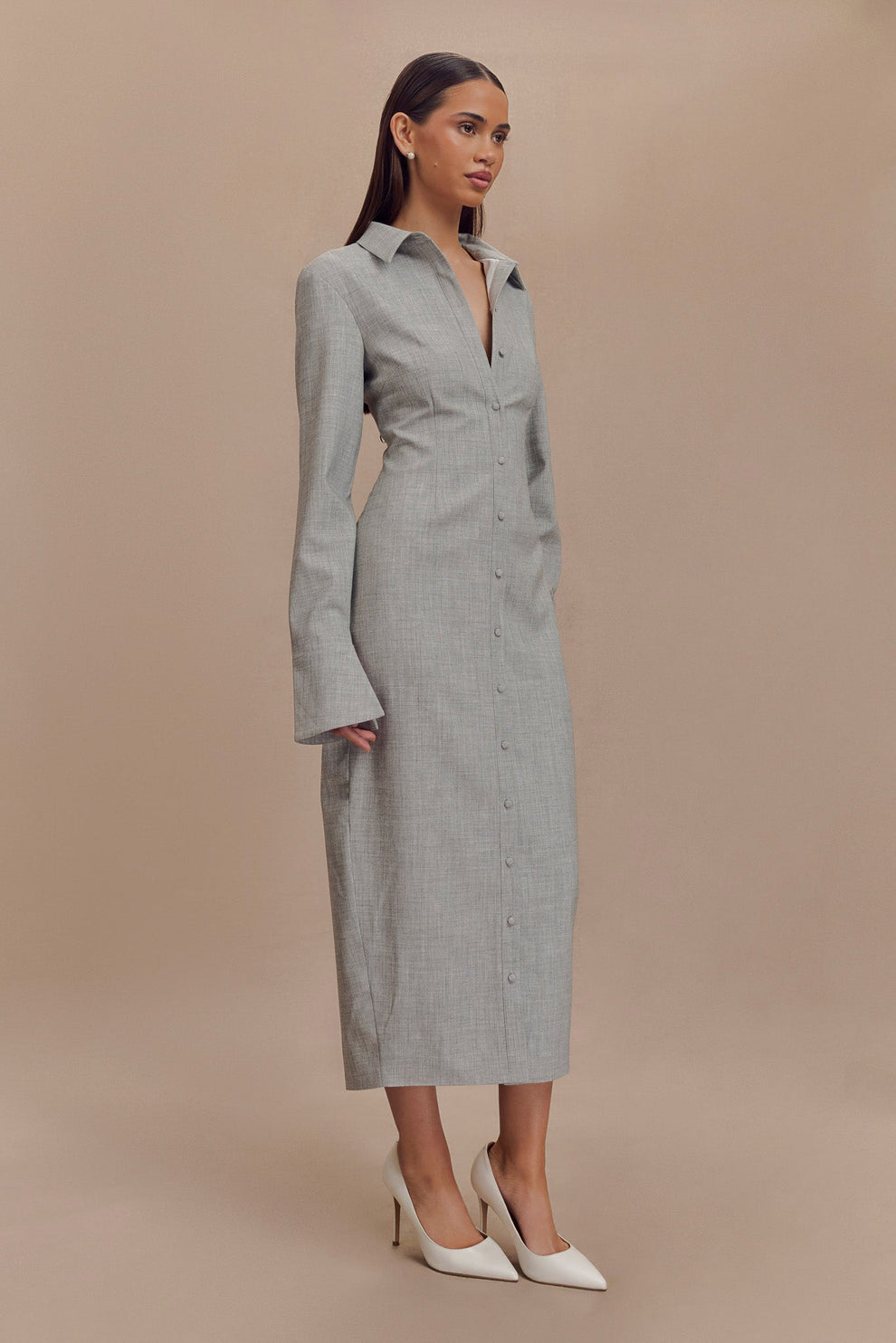 Nisa midi jurk dames | Getailleerde shirtjurk met kraag en elegante pasvorm