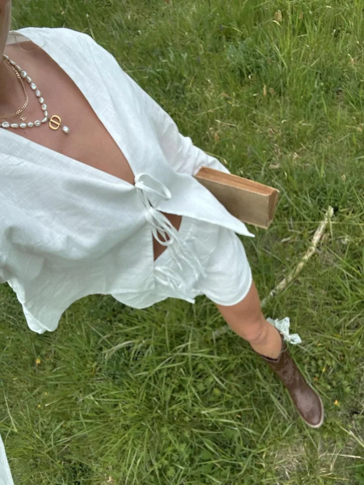 Odilia - Stijlvolle Blouse Met Vetersluiting Lange Mouwen