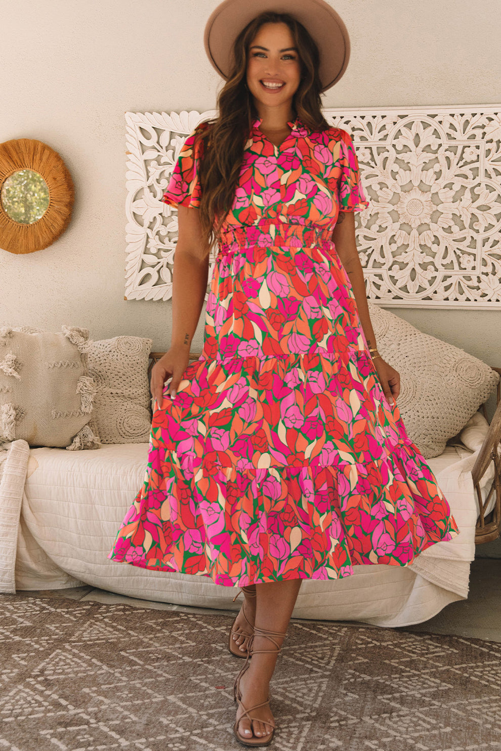 Pamela - Maxi Jurk Met Bloemenprint En Korte Mouwen